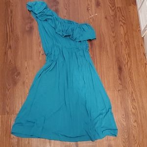 Teal Blue One-Shoulder Ruffle Maxi Dress Size L Flowy Casual